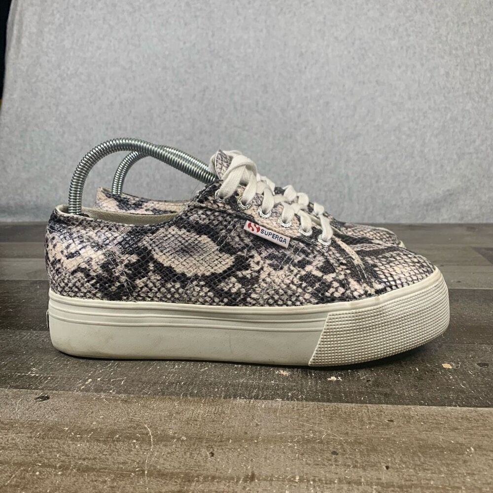 Superga Women’s Size 10 Snake Skin Print Platform Sneakers Black Grey Lace Up